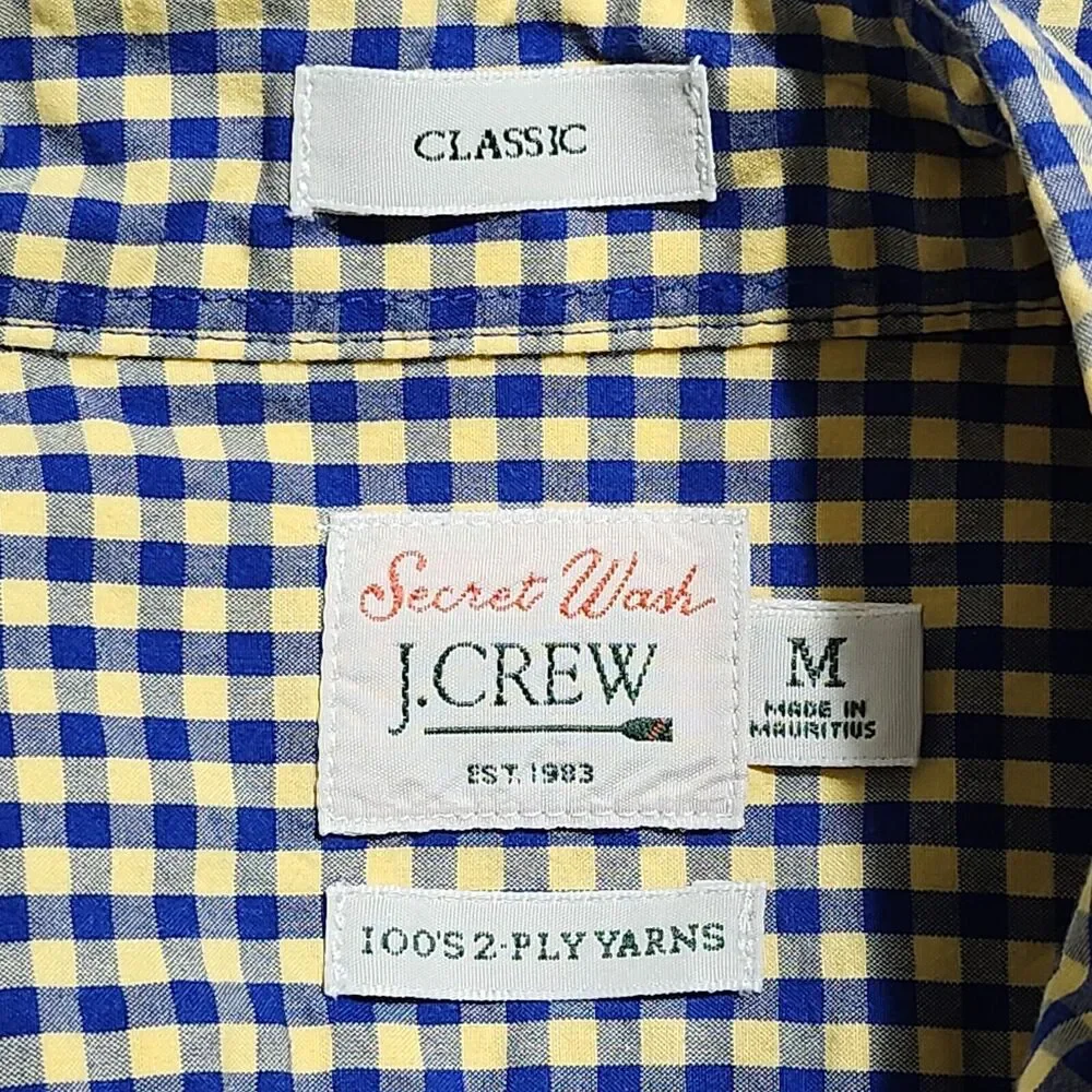 J Crew Button Down Shirt Mens Medium Secret Wash Cotton Yellow Blue Gingham J.‎